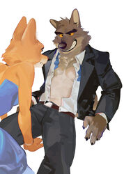  2022 abs absurd_res anthro anthro_on_anthro belt bent_over bottomwear bracelet canid canine canis claws clothed clothing diane_foxington dreamworks dress duo eyebrows eyelashes female fox fur hi_res interspecies jacket jewelry looking_at_another male male/female mammal mr._wolf_(the_bad_guys) muscular muscular_anthro muscular_male navel necklace necktie open_clothing open_jacket open_shirt open_topwear pants pecs seatohao shirt simple_background sitting smile suit teeth the_bad_guys topwear tuft white_background wolf 