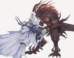  1boy blonde_hair cape claws fangs female final_fantasy final_fantasy_xvi glowing hand_on_own_face highres horns ifrit_(final_fantasy) long_hair looking_at_another monster pale_skin pointy_ears shiva_(final_fantasy) slackertherubycat smile tail tiara white_cape 