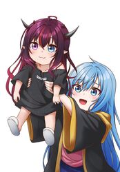  2girls :3 absurdres aged_down alternate_costume blue_eyes blue_hair blush detached_wings elie_wayne full_body heterochromia highres holding_person hololive hololive_english horns irys_(hololive) jan_azure lifting_person long_hair meme multiple_girls multiple_horns oerba_yun_fang open_mouth original oversized_clothes oversized_shirt pink_shirt purple_eyes purple_hair shirt short_hair smile virtual_youtuber wings 