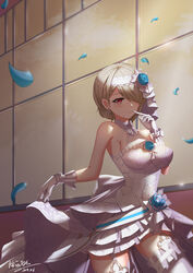  absurdres blue_flower blue_rose bride brown_hair diaoyidimaomao dress earrings female flower gloves grin hair_over_one_eye highres honkai_(series) honkai_impact_3rd index_finger_raised jewelry looking_at_viewer mole mole_under_eye open_mouth petals purple_eyes rita_rossweisse rita_rossweisse_(artemis) rose short_hair skirt_hold sleeveless sleeveless_dress smile solo teeth thighhighs wedding_dress white_dress white_gloves white_thighhighs 