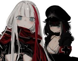  2girls admiral_graf_spee_(azur_lane) alternate_hair_length alternate_hairstyle armband azur_lane bad_id bad_twitter_id black_choker black_headwear blue_eyes blush breasts choker cleavage closed_mouth deutschland_(azur_lane) grey_hair hair_length_switch hairstyle_switch hat highres large_breasts long_hair looking_at_viewer multicolored_hair multiple_girls narue peaked_cap red_scarf scarf simple_background streaked_hair underboob white_background 