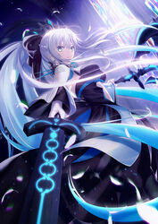  black_bow black_dress black_footwear blue_eyes boots bow braid breasts center_opening cleavage dress excalibur_morgan_(fate) fate/grand_order fate_(series) female grey_hair hairbow half_up_braid highres large_breasts long_hair long_sleeves looking_at_viewer morgan_le_fay_(fate) neko_daruma pelvic_curtain ponytail sidelocks solo staff sword thigh_boots thighhighs thighs two-tone_dress very_long_hair weapon white_dress wide_sleeves 