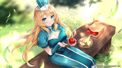  apple blonde_hair blue_eyes blush breasts cleavage cleavage_cutout clothing_cutout detached_sleeves dress female food frey_(king&#039;s_raid) fruit grass green_dress hane_yuki hat highres king&#039;s_raid knife large_breasts long_hair looking_at_viewer official_art puffy_short_sleeves puffy_sleeves short_sleeves sitting smile solo 