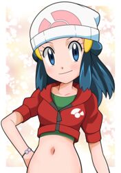  beanie blue_eyes blue_hair blush bracelet closed_mouth commentary_request dawn_(pokemon) female green_shirt hainchu hair_ornament hairclip hand_on_own_hip hat highres hood hoodie jewelry long_hair looking_at_viewer navel pokemon pokemon_(anime) pokemon_dppt_(anime) red_hoodie shirt sidelocks smile solo white_hat zipper_pull_tab 