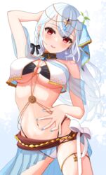  absurdres arm_behind_head black_bow blue_hair blue_nails bow braid breasts earrings emobico female flower hair_flower hair_ornament hakase_fuyuki highres jewelry light_blue_hair long_hair nijisanji red_eyes side_braid smile solo spread_navel thigh_strap virtual_youtuber white_flower 