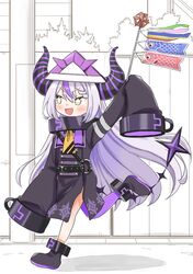  +_+ belt boots coat female hat highres hololive horns kodomo_no_hi koinobori la+_darknesss la+_darknesss_(1st_costume) light_purple_hair long_hair multicolored_hair open_mouth paper_hat paper_kabuto pinwheel purple_hair sleeves_past_wrists smile solo streaked_hair streamers very_long_hair virtual_youtuber watanabe_masafumi_(masafumi_127) windsock yellow_eyes 