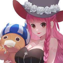  absurdres bare_shoulders bat_tattoo black_dress black_eyes black_hat braid breasts breasts_squeezed_together cleavage dress female fingernails flower hat hat_flower highres holding holding_stuffed_toy kumacy large_breasts long_hair looking_at_viewer one_piece perona pink_hair pink_nails pink_tattoo red_lips rose shoulder_tattoo simple_background solo strapless strapless_dress stuffed_animal stuffed_toy tattoo tororu_(xsrw5445) upper_body very_long_hair watch white_background white_flower white_rose 