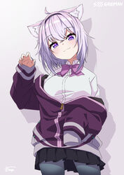  :3 absurdres animal_ear_fluff animal_ears asanaya black_pantyhose black_skirt breasts cat_ears commentary copyright_name cosplay cowboy_shot crossed_bangs female gridman_universe hand_up highres hololive jacket long_sleeves looking_at_viewer medium_breasts nekomata_okayu off_shoulder pantyhose pleated_skirt purple_background purple_eyes purple_hair purple_jacket purple_ribbon ribbon school_uniform shinjou_akane shinjou_akane_(cosplay) shirt short_hair signature simple_background skirt smile solo ssss.gridman virtual_youtuber white_shirt 