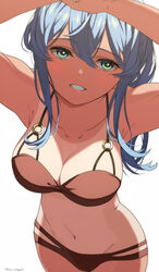  bikini blue_eyes blue_hair blush breasts brown_bikini cleavage collarbone female gotland_(kancolle) grin highres kantai_collection laco_soregashi long_hair looking_at_viewer medium_breasts mole mole_under_eye navel sidelocks simple_background smile solo swimsuit twitter_username white_background 