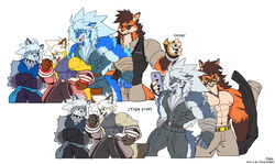  2021 abs anthro belt biceps canid canine canis cheong_hwan clothing digital_media_(artwork) drks fox fur gloves group hair handwear hi_res male mammal muscular muscular_anthro muscular_male nicolas_(drks) nipples pecs sye_(wolfmalro) wolf wolfmalro 