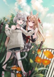  2girls :d animal_ears aran_sweater black_dress black_shorts blue_sky blurry blurry_foreground brown_hair cable_knit cat_ears cat_girl cat_tail closed_mouth cloud cloudy_sky commentary_request commission day depth_of_field detached_sleeves dress fence flower frilled_dress frills green_eyes grey_hair grey_sleeves grey_sweater hair_between_eyes highres holding_hands long_hair long_sleeves multiple_girls no_socks orange_flower original outdoors pleated_dress puffy_long_sleeves puffy_sleeves red_eyes saiko_(saisaka) shoes short_hair short_shorts shorts skeb_commission sky smile sweater tail two_side_up very_long_hair white_footwear 