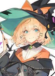  absurdres aqua_eyes black_hat black_jacket black_neckwear commentary feline female flat_chest hat highres holding jacket lucadark_art lucie_(millie_parfait) millie_parfait millie_parfait_(1st_costume) nijisanji nijisanji_en off_shoulder orange_sweater solo sweater virtual_youtuber white_background witch witch_hat 