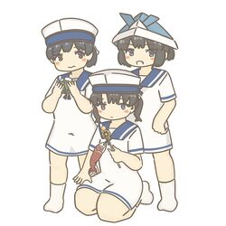  3girls black_hair blue_eyes blue_sailor_collar brown_eyes commentary_request daitou_(kancolle) dress hat hiburi_(kancolle) kantai_collection kokeshi_oshichi medium_hair multiple_girls ponytail purple_eyes sailor_collar sailor_dress sailor_hat short_hair short_sleeves shounan_(kancolle) twintails white_background white_legwear 