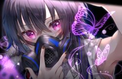  arm_up armpits black_background black_hair black_nails blue_hair blush bug butterfly collared_shirt commentary_request female fingernails highres ichinose_uruha ichinose_uruha_(4th_costume) long_fingernails long_hair looking_at_viewer lupinus_virtual_games mask multicolored_hair purple_eyes respirator shirt simple_background sleeveless sleeveless_shirt solo streaked_hair toki_(toki_ship8) two-tone_hair upper_body virtual_youtuber vspo! white_shirt 