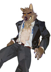  2022 abs absurd_res anthro belt bottomwear canid canine canis claws clothed clothing dreamworks eyebrows fur hi_res jacket looking_at_viewer male male_anthro mammal mr._wolf_(the_bad_guys) muscular muscular_anthro muscular_male navel necktie open_clothing open_jacket open_shirt open_topwear pants pecs seatohao shirt simple_background sitting smile solo suit teeth the_bad_guys topwear tuft white_background wolf 