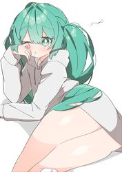  :&lt; absurdres alternate_costume aqua_eyes aqua_hair arm_support ass bright_pupils commentary feet_out_of_frame female hatsune_miku highres hood hoodie light_blush lying no_pants on_side one_eye_closed rubbing_eyes shiny_skin sleepwear sleepy solo squeans thick_thighs thighs twintails uruti_2388 vocaloid waking_up white_background white_hoodie white_pupils 