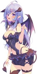  :d absurdres ahoge arm_garter bad_id bad_twitter_id black_leotard black_panties black_skirt black_thighhighs blue_hair blush breasts center_opening cleavage commission cowboy_shot cross-laced_slit cutout_above_navel demon_horns demon_tail demon_wings female hair_ornament hairclip highres horns indie_virtual_youtuber jun_(aousa0328) leotard long_hair looking_at_viewer medium_breasts microskirt midriff multicolored_hair nail_polish navel oerba_yun_fang open_mouth panties pleated_skirt pointy_ears purple_eyes purple_nails rakka_midari simple_background skeb_commission skindentation skirt smile solo strapless strapless_leotard tail thigh_strap thighhighs two-tone_hair underwear virtual_youtuber white_background wings 