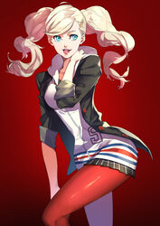  black_jacket black_skirt blonde_hair blue_eyes cardigan female floating_hair hair_ornament hairclip highres hood hood_down hooded_cardigan ibaraki_shun jacket long_hair long_sleeves looking_to_the_side miniskirt open_clothes open_jacket open_mouth pantyhose persona persona_5 plaid plaid_skirt pleated_skirt red_background red_pantyhose school_uniform shiny_clothes shiny_legwear shuujin_academy_school_uniform skirt solo standing swept_bangs takamaki_anne tongue tongue_out twintails very_long_hair white_cardigan 