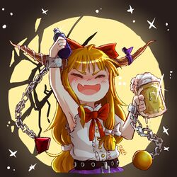  absurdres alcohol arm_up artist_name beer beer_mug belt black_background black_belt black_sky blonde_hair blush bottle bow bowtie broken_moon buttons chains closed_eyes collared_shirt cup female glass hairbow hands_up highres horns ibuki_suika long_hair moon mug night night_sky oerba_yun_fang oni open_mouth purple_ribbon purple_skirt red_bow red_bowtie ribbon shadow shirt skin_fang skirt sky sleep_(isliping) sleeveless sleeveless_shirt smile solo sparkle star_(sky) star_(symbol) starry_background starry_sky touhou white_bow white_shirt 