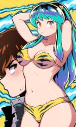  1boy animal_print aqua_hair arms_up bad_id bad_twitter_id bikini black_jacket blue_hair blush breasts brown_eyes brown_hair cleavage cone_horns female hands_in_hair highres horns jacket kingbawoon long_hair lum medium_breasts moroboshi_ataru multicolored_hair orange_eyes shiny_skin sidelocks simple_background smile strapless strapless_bikini sweatdrop swimsuit tiger_print urusei_yatsura 