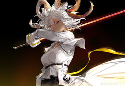  absurdres arknights belt black_background carnelian_(arknights) dark-skinned_female dark_skin female goat_girl goat_horns hair_between_eyes highres holding holding_sword holding_weapon horns looking_at_viewer looking_down midoriii717 red_eyes shirt short_hair simple_background solo sword upper_body weapon white_hair 