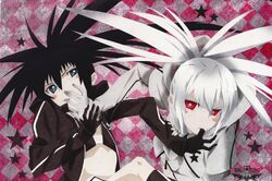  2girls artist_request black_hair black_rock_shooter black_rock_shooter_(character) black_rock_shooter_(game) blue_eyes blush_stickers checkered_background copyright_name finger_in_another&#039;s_mouth flat_chest furrowed_brow gloves highres hood hoodie leg_up multiple_girls official_art red_eyes scan source_request spiked_hair star_(symbol) stella_(black_rock_shooter) sweatdrop tears twintails ufotable white_hair white_rock_shooter 