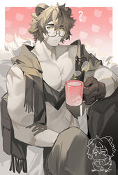  1boy ? absurdres alchemy_stars animal_ears animal_print antony_(alchemy_stars) bara bear_background bear_boy bear_ears bear_print brown_hair cup feet_out_of_frame glasses highres large_pectorals male_focus mug multiple_monochrome muscular muscular_male pectoral_cleavage pectorals pink_background print_mug scar scar_on_cheek scar_on_face scarf short_hair sideways_glance solo thick_eyebrows yaoyaore 