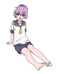  absurdres aoba_(kancolle) arm_support barefoot blue_eyes female highres ikadamo kantai_collection looking_at_viewer neckerchief ponytail purple_hair purple_sailor_collar purple_shorts sailor_collar sailor_shirt school_uniform scrunchie shirt shorts simple_background sitting smile solo white_background yellow_neckerchief 