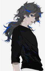  1boy act-age black_shirt blue_eyes ebanoniwa grey_hair highres long_hair looking_at_viewer male_focus myoujin_araya oerba_yun_fang open_mouth shirt simple_background solo white_background 