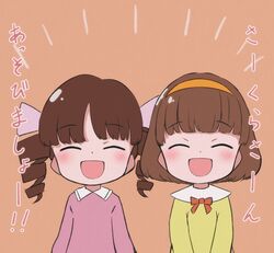  2girls :d bad_id bad_twitter_id blunt_bangs bob_cut bow bowtie brown_hair chibi_maruko-chan collar commentary dot_nose dress drill_hair emphasis_lines frilled_collar frills hair_ribbon hairband hairbow highres jougasaki_himeko lolicon long_hair long_sleeves looking_at_viewer mamerakkkkko medium_hair multiple_girls multiple_hair_bows neck_ribbon open_mouth parted_bangs pink_dress pink_ribbon red_bow red_bowtie red_ribbon ribbon sasayama_kazuko short_hair smile tongue translated twin_drills twintails 