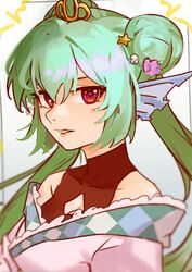  animal_ears bare_shoulders breasts cleavage cleavage_cutout clothing_cutout diadem double_bun female finana_ryugu finana_ryugu_(2nd_costume) fins fish_girl green_hair hair_bun head_fins highres japanese_clothes kimono looking_at_viewer nijisanji nijisanji_en parted_lips red_eyes small_breasts solo twintails upper_body vergil_mon virtual_youtuber 