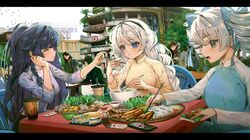  3girls absurdres bird black_hair blue_eyes bronya_zaychik bubble_tea cellphone chair chopsticks closed_eyes daikazoku63 drill_hair drinking_straw eating food grey_hair highres honkai_(series) honkai_impact_3rd kiana_kaslana letterboxed lettuce long_hair multiple_girls noodles phone raiden_mei sauce smile spoon summer_roll table tofu tree twin_drills vietnam vietnamese_dress white_hair 