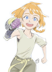  :d blue_eyes braid decadence_(anime) female kurita_shin&#039;ichi long_hair looking_at_viewer natsume_(decadence) official_art open_mouth orange_hair prosthesis prosthetic_arm running shirt simple_background single_braid smile solo white_background white_shirt 