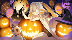  absurdres bad_id bad_pixiv_id bandage_over_one_eye brown_hair candy crossed_bangs female food full_moon halloween hand_up hat highres holding holding_candy holding_food holding_lollipop hood hood_up kawausoman lollipop looking_at_viewer moon red_eyes ruby_(tower_of_fantasy) short_hair solo tower_of_fantasy unworn_hat unworn_headwear witch_hat 