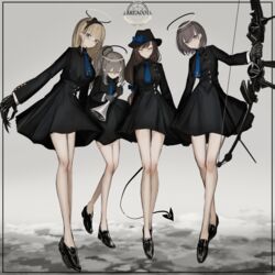  4girls black_dress black_footwear black_gloves blonde_hair blue_necktie bob_cut bow_(weapon) brown_hair closed_mouth demon_tail dress gloves green_eyes grey_eyes grey_hair halo highres holding holding_bow_(weapon) holding_instrument holding_weapon instrument loafers long_hair long_legs long_sleeves looking_at_viewer mechanical_arms medium_hair multiple_girls narue necktie original ponytail shoes short_dress smile tail trumpet weapon 