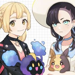  2girls asymmetrical_bangs bad_id bad_twitter_id black_hair blonde_hair braid choker closed_mouth collared_dress commentary cosmog cosplay costume_switch dress earrings eyelashes green_eyes grid_background hat highres holding holding_pokemon jewelry lillie_(pokemon) lillie_(pokemon)_(cosplay) looking_at_viewer marnie_(pokemon) marnie_(pokemon)_(cosplay) morpeko morpeko_(full) multiple_girls pokemon pokemon_(creature) pokemon_sm pokemon_swsh silber_1224 sleeveless sleeveless_dress smile sun_hat symbol-only_commentary twintails upper_body white_dress white_headwear 