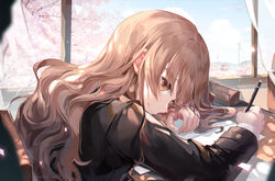  a_maru absurdres bad_id bad_pixiv_id black_jacket brown_eyes brown_hair cherry_blossoms closed_mouth commentary day desk female from_side head_rest highres holding holding_pen indoors jacket long_hair long_sleeves looking_at_viewer original paper pen smile solo upper_body wavy_hair window 