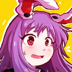  animal_ears artist_name black_jacket blush female hair_between_eyes jacket long_hair looking_to_the_side open_mouth pink_eyes polka_dot polka_dot_background purple_hair rabbit_ears reisen_udongein_inaba shirt sleep_(isliping) smile solo touhou upper_body white_shirt yellow_background 