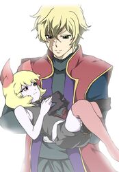  1boy blonde_hair blue89 carrying code_ameria commentary_request female graham_aker gundam gundam_00 highres mask mister_bushido parody princess_carry sd_gundam_g-generation spoilers 