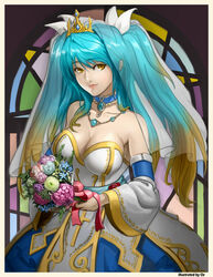  bare_shoulders blonde_hair blue_hair bouquet breasts bridal_veil choker cleavage commentary_request detached_sleeves dress female flower gradient_hair highres jewelry large_breasts league_of_legends lipstick long_hair makeup multicolored_hair necklace oz_(gerbera7) photoshop_(medium) ribbon solo sona_(league_of_legends) stained_glass tiara veil wedding_dress yellow_eyes 