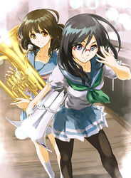  2girls bad_id bad_pixiv_id black_hair blue_eyes brown_eyes brown_hair collarbone euphonium glasses green_neckerchief hibike!_euphonium highres instrument kitauji_high_school_uniform long_hair looking_at_viewer looking_away multiple_girls neckerchief oumae_kumiko pantyhose scarf school_uniform serafuku short_hair socks supe_(yuusyasupepen) tanaka_asuka white_legwear 