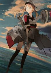  aqua_eyes arm_grab bad_id bad_pixiv_id black_thighhighs blue_eyes boots breast_hold breasts buttons cannon cloud cloudy_sky cross damaged double-breasted dutch_angle evening expressionless female gloves grabbing_own_arm gun hat iron_cross kantai_collection looking_away looking_to_the_side machinery military military_uniform narotake ocean orange_hair outdoors peaked_cap prinz_eugen_(kancolle) rigging single_glove skirt sky solo standing thighhighs torn_clothes torpedo trigger_discipline twintails uniform water weapon white_gloves 