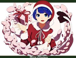  :d bad_id bad_twitter_id blue_eyes blue_hair capelet doremy_sweet female fur_trim gift hat holding long_sleeves looking_at_viewer merry_christmas neck_ribbon open_mouth pom_pom_(clothes) ribbon santa_costume shishi_osamu short_hair smile solo tail tapir_tail touhou upper_body white_ribbon 