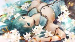  choker commentary_request female flower green_eyes green_hair hatsune_miku highres kururi_(oekaki_nikki) long_hair looking_at_viewer lying on_back solo vocaloid 