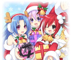  5pb_(hyperdimension_neptunia) black_eyes blue_hair choujigen_game_neptune christmas neptune purple_eyes purple_hair red red_(character) red_hair snow 