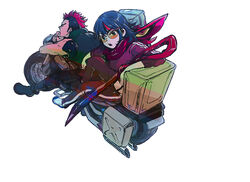  1boy bad_id bad_pixiv_id black_hair cigarette female itumu jacket kill_la_kill kinagase_tsumugu matoi_ryuuko mohawk motor_vehicle motorcycle multicolored_hair pants red_hair scarf scissor_blade_(kill_la_kill) senketsu senketsu_(scarf) streaked_hair sunglasses track_jacket track_pants track_suit two-tone_hair weapon white_background 