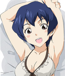  armpits arms_up blue_hair blush breasts brown_eyes commentary_request female housen_aoi looking_at_viewer medium_breasts mugen_no_ryvius open_mouth short_hair smile solo umanosuke upper_body 