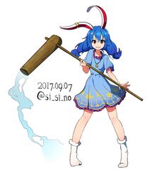  animal_ears bad_id bad_twitter_id blue_hair crescent dated dress earclip female full_body hair_between_eyes holding jewelry kine looking_at_viewer mallet necklace no_shoes rabbit_ears red_eyes seiran_(touhou) shishi_osamu short_sleeves simple_background smile socks solo standing star_(symbol) touhou twintails twitter_username white_background white_socks 