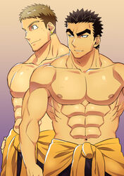  2boys abs bara gundam male_focus msucle multiple_boys muscle pecs smile topless 