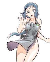  apron blue_eyes blue_hair breasts female gundam gundam_build_fighters haro_button_badge iori_rinko large_breasts long_hair mature_female naked_apron open_mouth ponytail sideboob solo standing thigh_gap ueyama_michirou 